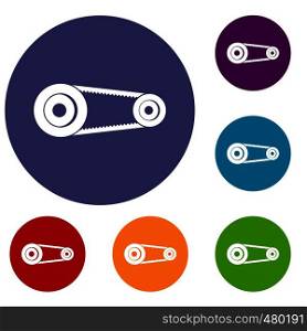 Mechanic belt icons set in flat circle red, blue and green color for web. Mechanic belt icons set