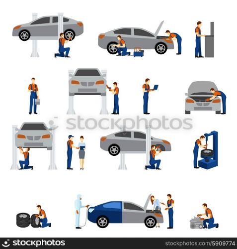 Mechanic flat icons set with working man silhouettes isolated vector illustration. Mechanic Flat Icons