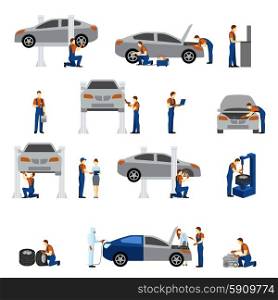 Mechanic flat icons set with working man silhouettes isolated vector illustration. Mechanic Flat Icons