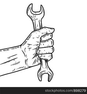 Mechanic hand with wrench. Design element for poster, emblem, sign, logo, label. Vector illustration