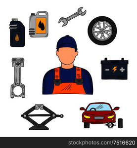 Mechanic in blue uniform with symbols of car on jack, wheel and spanner, piston, battery and motor oil. Mechanic and car service icons