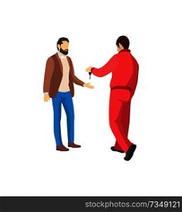 Mechanic in red overalls giving key from vehicle colorful vector illustration isolated on white background, bearded owner of car dressed brown jacket. Mechanic in Red Overalls Giving Key from Vehicle