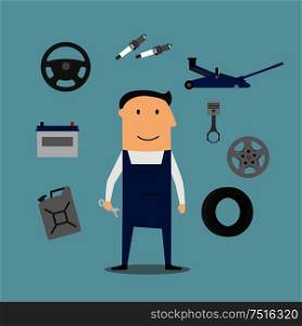 Mechanic profession and equipment with man in uniform overalls and cap, tyre and jack screw, wheel and piston crankshaft, wrench and motor oil, canisters and battery icons. Car mechanic profession and equipment icons