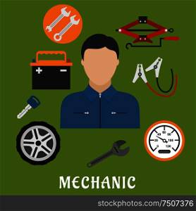 Mechanic profession flat concept. Man in uniform overalls and cap, jack screw, wheel, key, wrench and battery icons. Mechanic man and car details