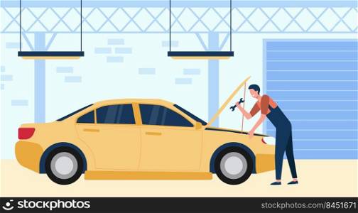 Mechanic repairing car in garage with tool isolated flat vector illustration. Cartoon man fixing or checking engine of vehicle. Auto service and maintenance concept