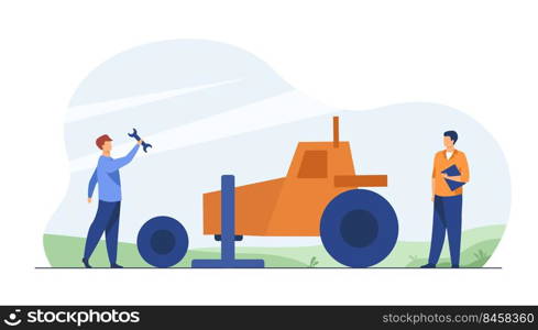 Mechanic repairing farmer tractor outside. Changing wheel, tire, tool. Flat vector illustration. Roadside service, emergency, agriculture concept for banner, website design or landing web page