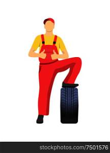Mechanic standing on tire and showing approval sign thumb up. Serviceman in uniform fixing wheel, repair service worker vector isolated on white. Mechanic Standing on Tire and Shows Approval Sign
