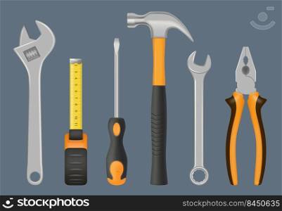 Mechanic tools. Hammer screws nails bolts and nuts for handycraft men metallic equipment decent vector realistic set isolated. Illustration of screwdriver and hammer. Mechanic tools. Hammer screws nails bolts and nuts for handycraft men metallic equipment decent vector realistic set isolated