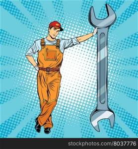 Mechanic with a wrench pop art retro vector, realistic hand drawn illustration. Repair of motor vehicles, motorcycles and mechanisms