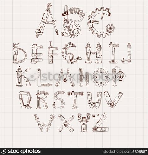 Mechanical alphabet cogwheel abc letters set isolated on square paper background vector illustration. Mechanical Alphabet Set