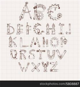 Mechanical alphabet cogwheel abc letters set isolated on square paper background vector illustration. Mechanical Alphabet Set