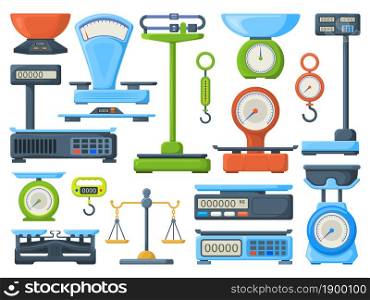 Mechanical and electronic store measuring weight scales. Kitchen or shop measuring instrument isometric vector illustration set. Weight scales symbols, measure scale electronic for store. Mechanical and electronic store measuring weight scales. Kitchen or shop measuring instrument isometric vector illustration set. Weight scales symbols