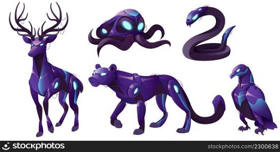 Mechanical animals, puma, deer, octopus, snake and eagle robots. Vector cartoon set of futuristic pets cyborgs, purple mechanic serpent, bird, leopard and stag isolated on white background. Mechanical animal, puma, deer, snake, eagle robots