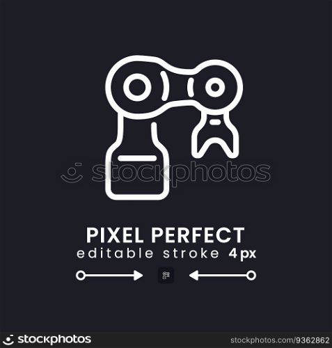 Mechanical arm white linear desktop icon on black. Artificial intelligence. Manufacturing robot. Pixel perfect, outline 4px. Isolated user interface symbol for dark theme. Editable stroke. Mechanical arm white linear desktop icon on black