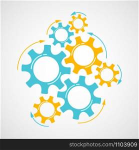 Mechanical cogs technology vector illustration. Cooperation concept engine system with cog and gear in yellow and azure colors signify human progress. Cogwheel graphic for web element or sign template. Orange and azure cog and gear cooperation concept