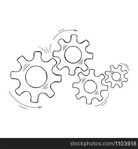 Mechanical cogs technology vector sketch. Cooperation concept design element with hand drawn cog and gear signify people commucnication. Cogwheel illustration for web element or modern background. Hand drawn mechanical cog and gear sketch graphic
