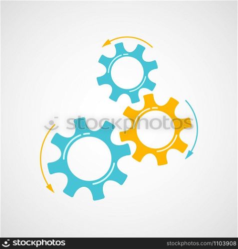 Mechanical cogs vector illustration. Development concept mechanism construction with cog and gear in orange and blue colors signify innovation teamwork. Cogwheel graphic for technical symbol. Orange and blue cog and gear development concept
