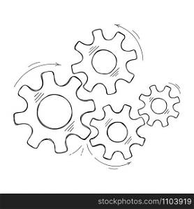 Mechanical cogs vector sketch illustration. Teamwork concept factory mechanism with hand drawn cog and gear signify human cooperation. Cogwheel graphic for technical symbol or modern background. Teamwork concept hand drawn cog and gear sketch