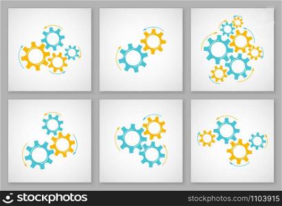 Mechanical cogwheel collection vector illustration. Set of development concept design element, mechanism construction with cog and gear in orange and yellow colors signify innovation teamwork.. Mechanical cogwheel set business illustration