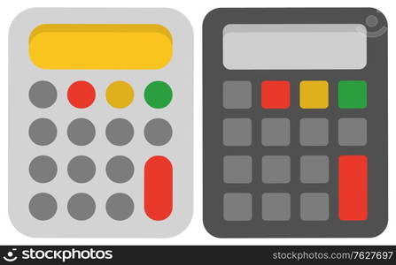 Mechanical device for calculating numbers, isolated machinery. Calculator icon closeup, technology for estimation, estimator flat. School calculate accessory. Office object. Stationery for mathematics. Calculator with Buttons, Device for Calculation