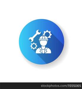 Mechanical engineer blue flat design long shadow glyph icon. Professional repairman. Technician to work in facility on managing heavy machinery. Male constructor. Silhouette RGB color illustration. Mechanical engineer blue flat design long shadow glyph icon