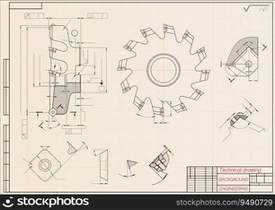 Mechanical engineering drawings on beige technical paper background. Cutting tools, milling cutter. Industrial Design. Cover. Blueprint. Business business. Vector illustration. Mechanical engineering drawings on beige technical paper background. Cutting tools, milling cutter. Industrial Design. Cover. Blueprint. Business business. Vector illustration.