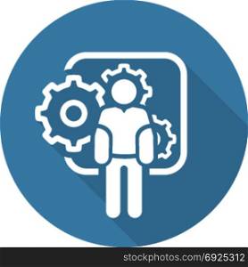 Mechanical Engineering Icon. Man and Gears. Development Symbol.. Mechanical Engineering Icon. Man and Gears. Development Symbol. Flat Line Pictogram. Isolated on white background. Long Shadow.