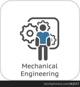 Mechanical Engineering Icon. Man and Gears. Development Symbol.. Mechanical Engineering Icon. Man and Gears. Development Symbol. Flat Line Pictogram. Isolated on white background.