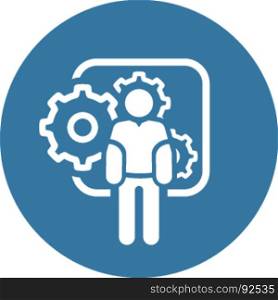 Mechanical Engineering Icon. Man and Gears. Development Symbol.. Mechanical Engineering Icon. Man and Gears. Development Symbol. Flat Line Pictogram. Isolated on white background.