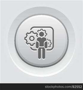 Mechanical Engineering Icon. Man and Gears. Development Symbol.. Mechanical Engineering Icon. Man and Gears. Development Symbol. Flat Line Pictogram. Isolated on white background. Grey Button Design.