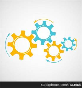 Mechanical gears colorful progress vector illustration. Teamwork concept design element, factory mechanism with cog and gear in orange and blue color signify human cooperation and communication.. Orange and blue gear teamwork concept element