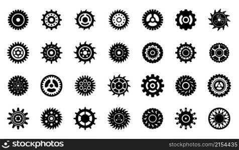 Mechanical gears elements. Cogs gear wheel, isolated mechanical icons. Engineering symbol, clock or car details. Black cogwheels recent vector set. Mechanical icon and engineering cogwheel. Mechanical gears elements. Cogs gear wheel, isolated mechanical icons. Engineering symbol, clock or car details. Black cogwheels recent vector set