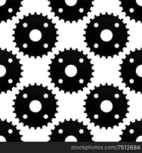 Mechanical gears seamless pattern of industrial black pinions with frequent cogs on white background, for technical engineering theme. Paatern of black gears with frequent cogs