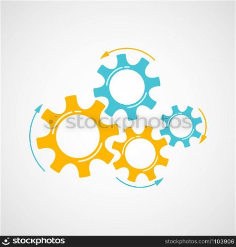 Mechanical gears vector illustration. Cooperation concept engine system with cog and gear in orange and blue colors signify human progress. Cogwheel graphic for pictogram template or web element. Orange and blue cog and gear cooperation concept