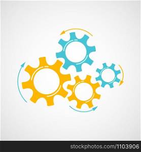 Mechanical gears vector illustration. Cooperation concept engine system with cog and gear in orange and blue colors signify human progress. Cogwheel graphic for pictogram template or web element. Orange and blue cog and gear cooperation concept