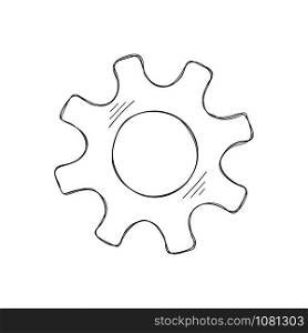 Mechanical gears vector sketch illustration. Development concept mechanism construction with hand drawn cog and gear signify innovation teamwork. Cogwheel graphic for web icons or modern background. Development concept hand drawn cog and gear sketch