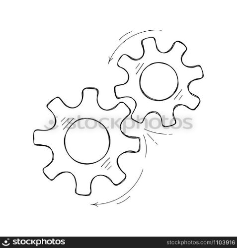 Mechanical gears vector sketch. Teamwork concept design element, factory mechanism with hand drawn cog and gear signify communication progress. Cogwheel illustration for pictogram template.. Teamwork concept hand drawn cog and gear sketch