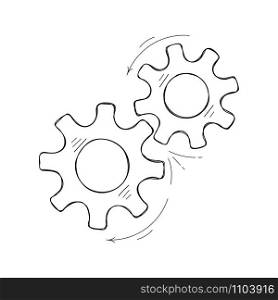 Mechanical gears vector sketch. Teamwork concept design element, factory mechanism with hand drawn cog and gear signify communication progress. Cogwheel illustration for pictogram template.. Teamwork concept hand drawn cog and gear sketch