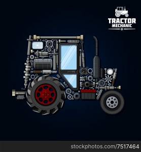 Mechanical parts silhouette of tractor symbol with front and driving wheels, door and exhaust stack, fuel tank and gears, suspension system and bearings, crankshaft and axle, headlights, springs and gauges. Tractor silhouette with mechanical parts icon