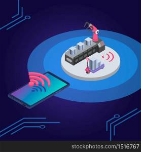 Mechanical robot arm remote control isometric color vector illustration. Conveyor line, manufacture process. Factory smart and IOT modern technologies 3d concept isolated on blue background