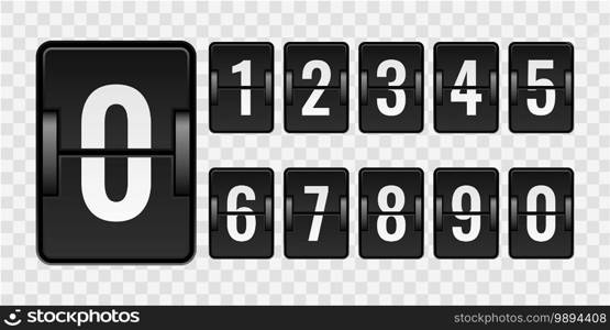 Mechanical scoreboard. Realistic countdown numbers for counter isolated on transparent background, vintage watch with white flip scores on black plaques, automatic retro timetable vector template. Mechanical scoreboard. Realistic countdown numbers for counter isolated on transparent background, watch with white flip scores on black plaques, automatic timetable vector template