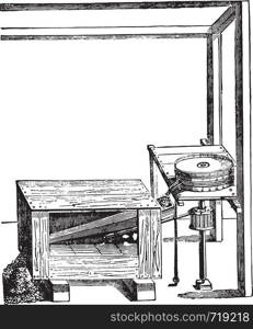 Mechanical sifter invented around 1552, after the Faust Veranzio, vintage engraved illustration. Industrial encyclopedia E.-O. Lami - 1875.
