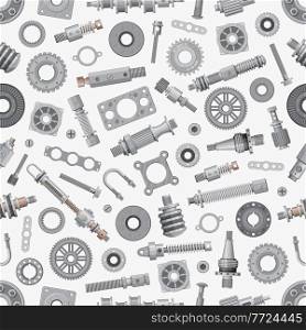 Mechanical spare parts seamless pattern and machinery gears, vector background. Bushings and bearings, levers, springs. Parts and tools, lever and cog wheel, metal shafts and gaskets. Mechanical spare parts seamless pattern background