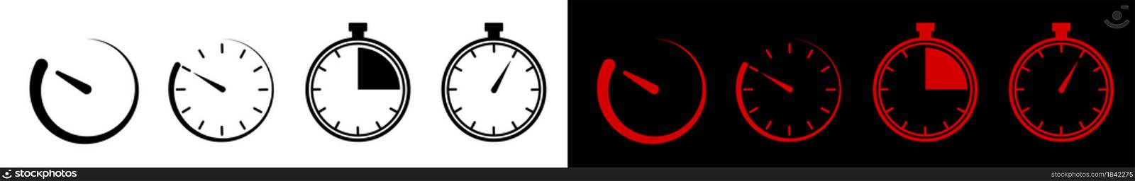 mechanical stopwatch dial with hands. Set of stylized icons. Countdown, speed measurement. Black and white vector