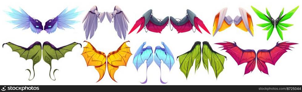 Mechanical wings of robot bird, butterfly, dragon and bat. Vector cartoon set of ste&unk wings pairs of futuristic characters and robotic animals isolated on white background. Mechanical wings of robot bird, butterfly, dragon