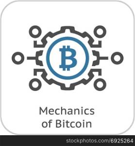 Mechanics of Bitcoin Icon.. Mechanics of Bitcoin Icon. Modern computer network technology sign. Digital graphic symbol. Bitcoin mining. Concept design elements.