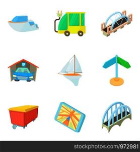 Mechanism icons set. Cartoon set of 9 mechanism vector icons for web isolated on white background. Mechanism icons set, cartoon style