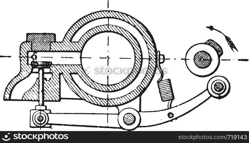Mechanism involving Otto engine exhaust valve, vintage engraved illustration. Industrial encyclopedia E.-O. Lami - 1875.