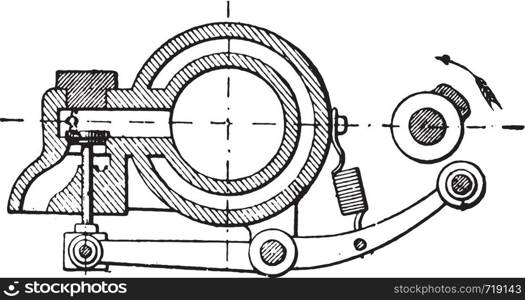 Mechanism involving Otto engine exhaust valve, vintage engraved illustration. Industrial encyclopedia E.-O. Lami - 1875.