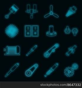 Mechanism parts icons set. Illustration of 16 mechanism parts vector icons neon color on black. Mechanism parts icons set vector neon